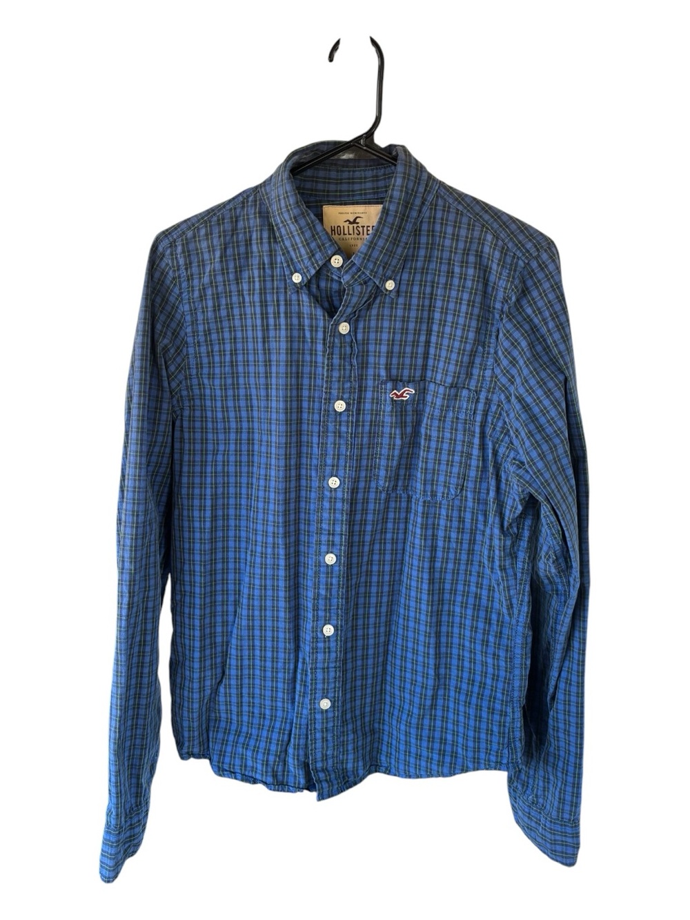 Y2K Vintage Hollister Men's Blue Plaid Button-Down Shirt with Logo Size L